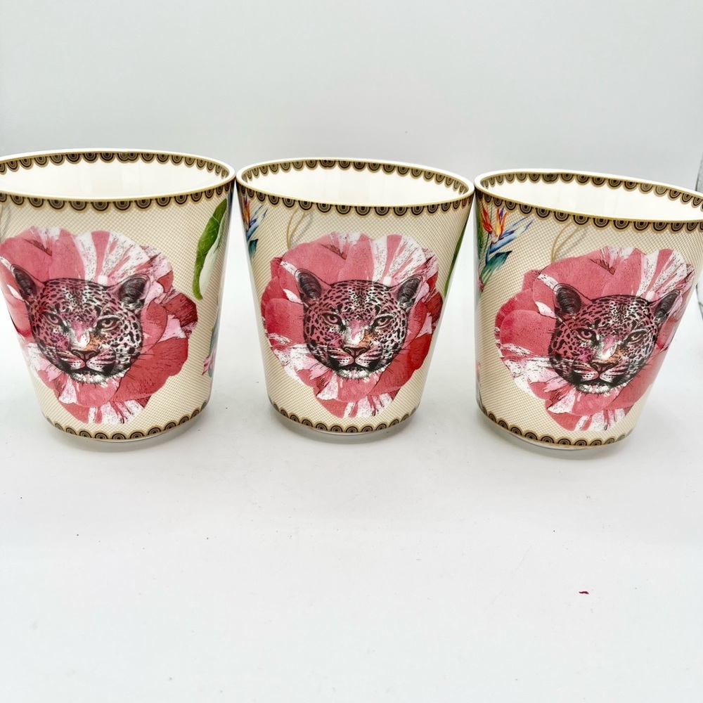 3 Grace's Teaware Leopard Gold Floral Porcelain Coffee Tea Mugs EUC 14 Oz
